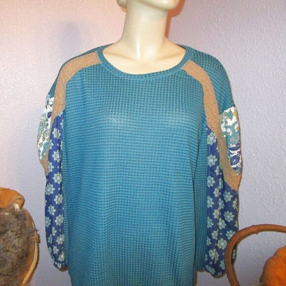 Avenue WAFFLE Knit Size 14 16 TUNIC Top THERMAL Mix Media CROCHET Balloon Sleeve - Picture 2 of 10